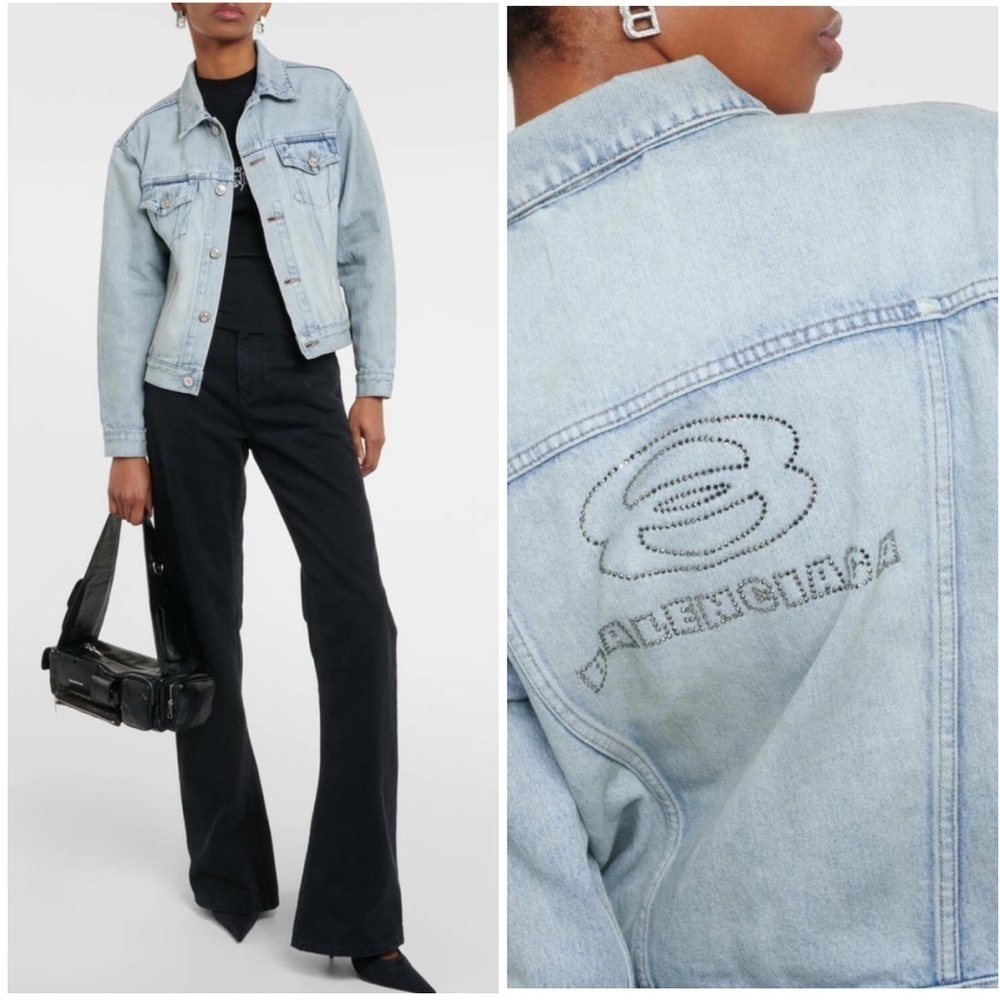 Balenciaga women logo crystalline cropped denim jacket NWT